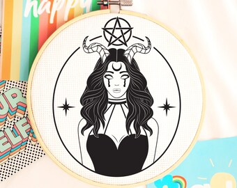 Gothic Girl Hand Embroidery PDF ~ Gothic Witch Embroidery Pattern - Halloween Hoop Art Design -Celestial Hoop Art Pattern - Art To Sew