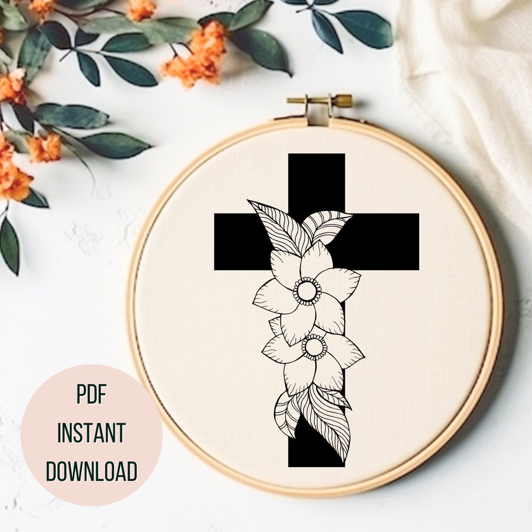 Christian Hand Embroidery Downloadable PDF Floral Cross Embroidery ...