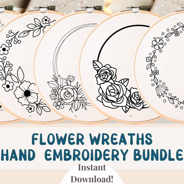 Hand Embroidery Flower Wreath Bundle Embroidery Elements Hand Embroidered Wreath Patterns Design Embroidery Hoops Floral Wreath Hoop Art
