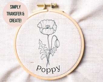 Poppy Hand Embroidery Pattern - August Birth Flower Embroidery Pattern - Poppy Hoop Art - Summer Flower Hand Embroidery PDF