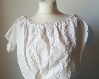 antique vintage French cotton smock peasant blouse lace broderie anglais  victorian Small Petite