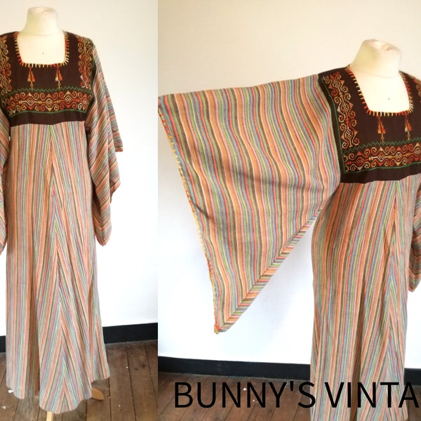 Vintage French soft cotton maxi dress 1970s 70s peasant hippy angel wing sleeves embroidery S