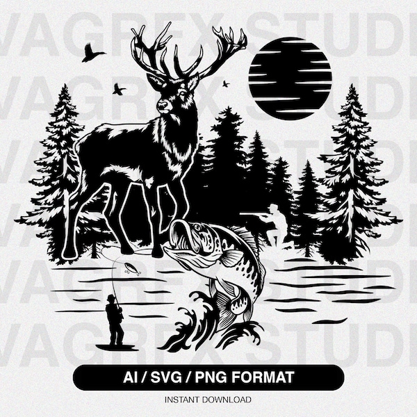 Deer Hunter SVG, scène de cerf svg, chasse svg, chasse en plein air svg, Cut Files, Cricut, Silhouette, Png, Svg, Eps, Dxf, pêche svg png