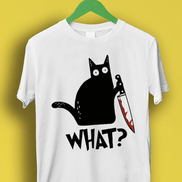 Cat What Murderous Black Cat With Knife T Shirt  Meme Gift Funny Tee Vintage Style Unisex Gamer Cult Movie Music P2527