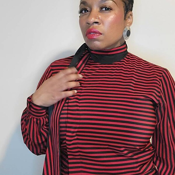 Black and red horizontal striped 80s/90s  blouse. Super super  long Ascot 37" to be exact.  Hidden Buttons off centered