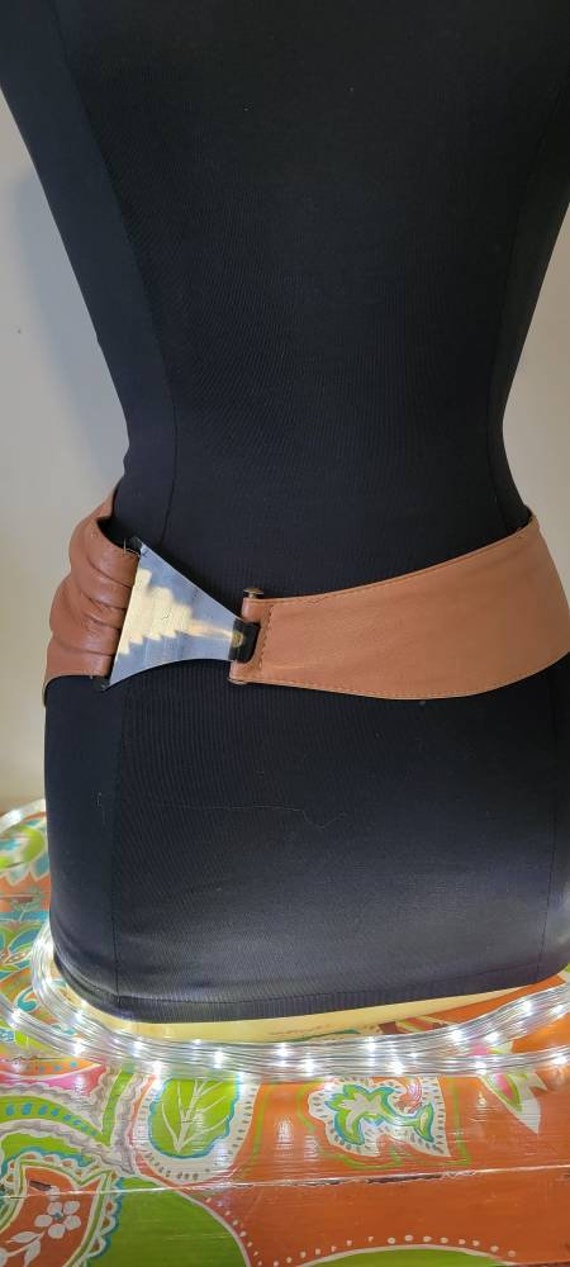 Camel leather vintage obi corset belt with large … - image 3