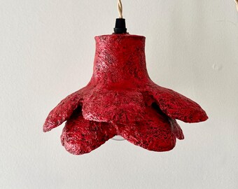Handmade small paper mache red pendant light, floral inspired, sculptural lighting