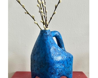 Handmade Paper Mache Vase: Deep Blue Boho Decor