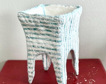 Handmade Paper Mache Bowl: Blue Striped Elevated Decor Vase