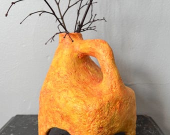 Handmade, Paper Mache Vase, arched legs, color accent, bright orange, boho, distressed look, vintage, antique, rustic, unique decor, vibrant