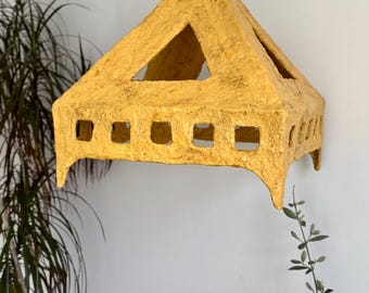 Handmade paper mache pendant light, square, geometric, sculptural lighting, vibrant yellow