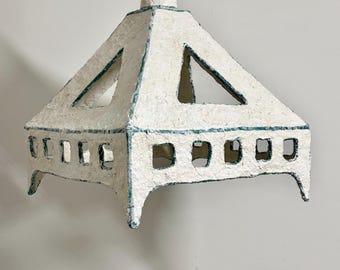 Handmade paper mache pendant light, square, geometric, sculptural lighting