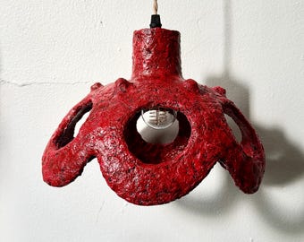 Handmade paper mache pendant light, floral inspired, sculptural lighting in textured red