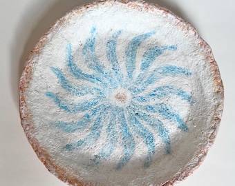 Handmade Paper Mache Plate: Blue Wave Pattern Decorative Tray
