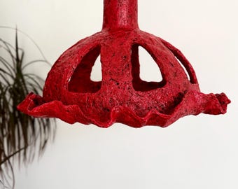 Handmade paper mache pendant light, floral inspired, sculptural lighting, vibrant red