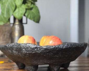 Handmade Paper Mache Tray on 6 legs, textured black, unique decor, graphite finish