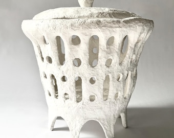 Handmade Paper Mache Basket with Lid: Sculpted White Storage on Arched Legs