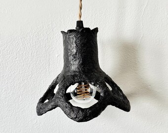 Handmade small paper mache black pendant light, floral inspired, sculptural lighting