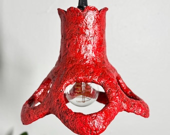 Handmade small paper mache red pendant light, floral inspired, sculptural lighting