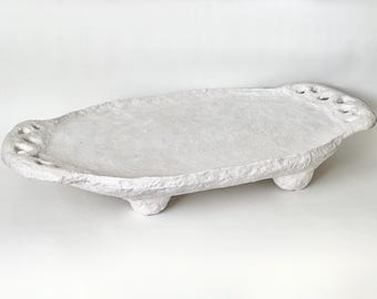 Handmade Paper Mache Tray on four legs, textured white, with detailed handles,  unique decor