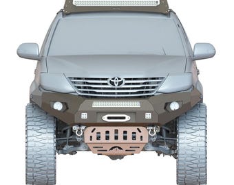 May include: A grey SUV with a black roof rack and a black front bumper with a light bar. The vehicle has large tyres and a silver grille.