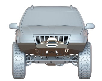 May include: A gray Jeep Cherokee with a front bumper, a winch, and a tow hook. The Jeep is on a white background.