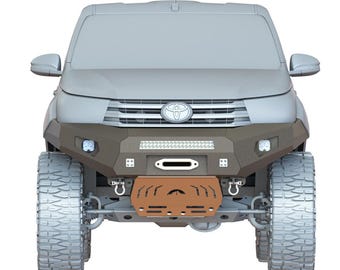 May include: A gray pickup truck with a custom front bumper and large off-road tires. The bumper has a black finish with a silver light bar and two round fog lights. The truck has a silver grille with the Toyota logo.