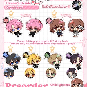Może przedstawiać: Obraz promocyjny dla breloczków Tamon's B-side, przedstawiający postacie w stylu chibi z widokami z przodu i z tyłu. Breloczki prezentują różne postacie z różnymi fryzurami i wyrazami twarzy. Tekst zawiera "Przedsprzedaż" i "Naklejki chibi również dostępne!"