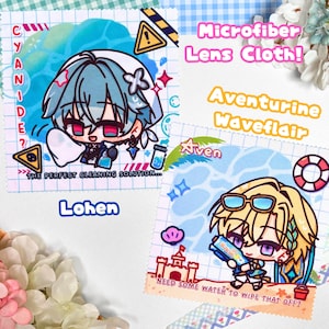May include: Two square microfibre lens cloths featuring anime-style character illustrations. One cloth shows a blue-haired character with the text CYANIDE? and THE PERFECT CLEANING SOLUTION. The other shows a blonde character with the text Aven and NEED SOME WATER TO WIPE THAT OFF.