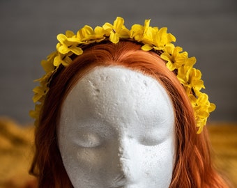Minimalistic yellow flower headband with forsythia textile flowers