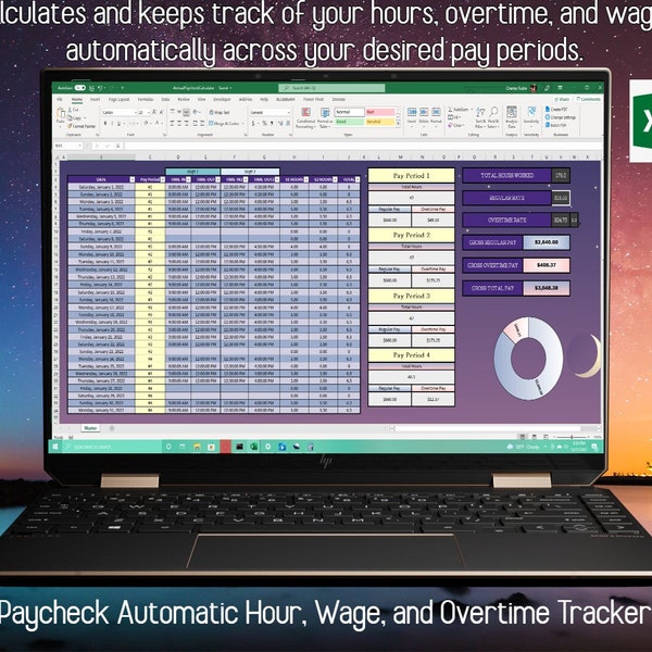 Paycheck Automatic Hour, Wage, and Overtime Tracker Excel Spreadsheet *Purple Dream Aesthetic Themed*