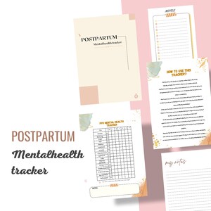 May include: A printable postpartum mental health tracker with a light brown background and gold accents. The tracker includes sections for daily mood, anxiety, sleep, energy levels, and more. The tracker also includes a section for notes.