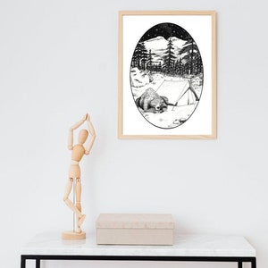 "Camping" art print printed from an original drawing, A4 or A5, to frame, animal wall decoration