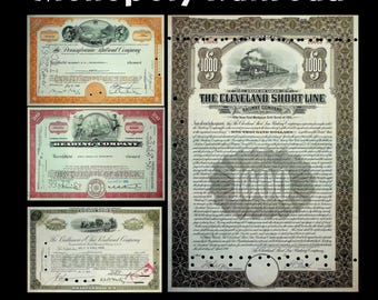 Pacchetto regalo di certificati azionari Monopoly Railroad, 4 autentici originali delle ferrovie B&O, Reading, Pennsylvania e Short Line. Treni da collezione.