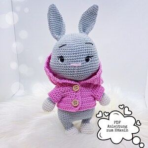 Schema all'uncinetto coniglio Lucky con giacca con cappuccio, carote e mucche, PDF, tedesco, Amigurumi