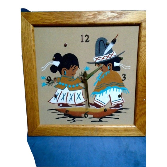 Navajo Boy & Girl Sand Painting Clock Signed by Artist Oak Etsy