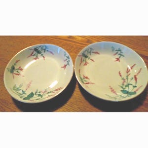 May include: Two round, shallow white ceramic bowls featuring a delicate botanical pattern of green leaves and small pink floral sprigs. The edges of the bowls are finished with a thin gold trim, providing a subtle contrast to the white surface.