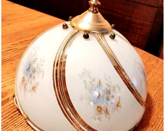 Touch Lamp Frosted Blue Floral Brass Art Glass 3 Way Swoop Design 6 Panel 80s Shade Replacement