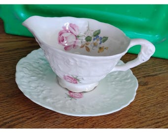 Pope Gosser Rose Point China White Tea Creamer & Saucer Made in USA