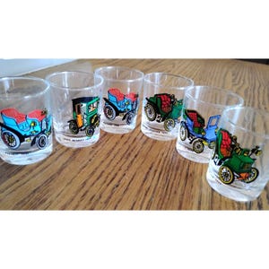 Lot of 6 French Old Timers Fashion Automobile Cars Glass SHOT GLASSES Bar Ware