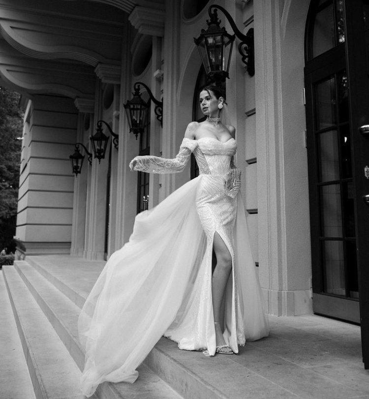 New Beaded Long Sleeve Sassy Bridal Gown Side Slit Transparent Sparkles ...