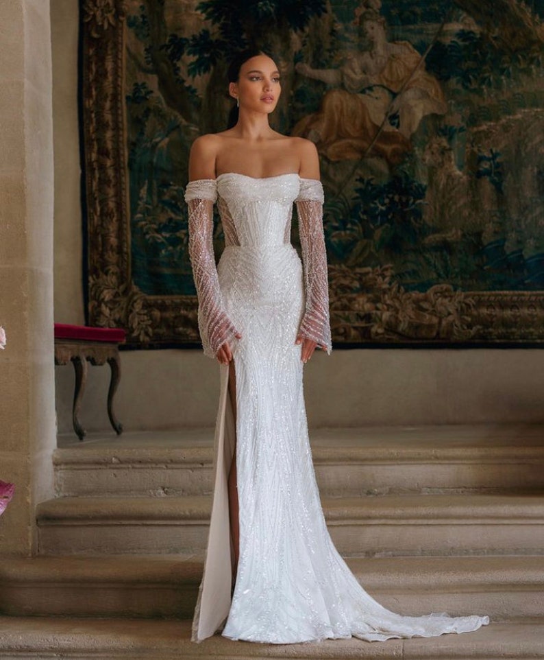 Beaded Bodice Side Drape Short Sleeve Gown