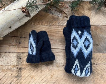 Gerecycleerde sweaterwanten, fleecevoering, blauw patroon, winterhandschoenen dames