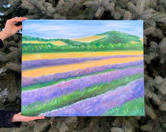 Pintura al óleo original de gran tamaño, “Campos de lavanda”, pintura al óleo de paisaje sobre lienzo