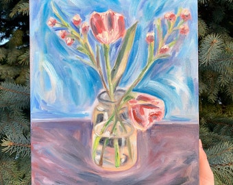 Original Still Life Oil Painting on Canvas, “A Floral Expression”, Hand Painted Art, Original Floral Painting, Vase and Flowers Oil Painting