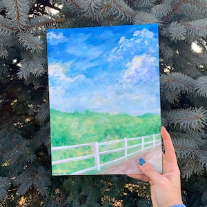 Hand Painted Spring Landscape, Acrylic Impressionist Scenery Painting, Original Minimalist Wall Art, Blue skies and a Prairie
