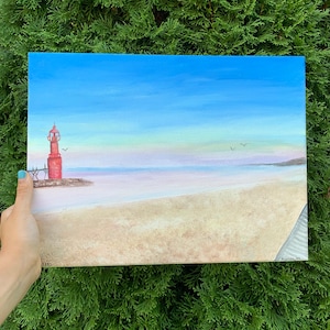 Ocean Nautical Landscape Lighthouse Beach Acrylic Canvas Painting, Hand Painted Original Coastal Minimalist Painting, Sunset Wall Art