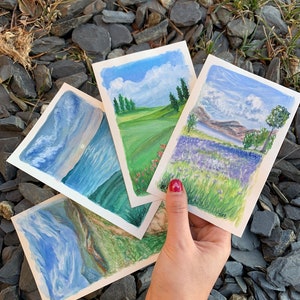 Originele gouache landschapsschilderijen, handgeschilderd landschap, kleine gouache kunst, natuurschilderijen, schilderachtige kunst aan de muur