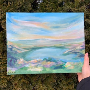 Original Acrylic Abstract Landscape Painting, “Wistful” Original Painting, Spring Landscape Wall Art, Lake Scenery Painting