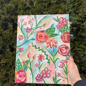Acrylic on Canvas Original Floral Painting, Hand Painted Abstract Botanicals, Acrylic Wall Art, Spring Painting